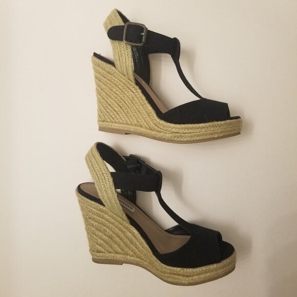 Steve Madden Black and Beige Open-Toe Platform Espadrilles sz 6 - Picture 1 of 9
